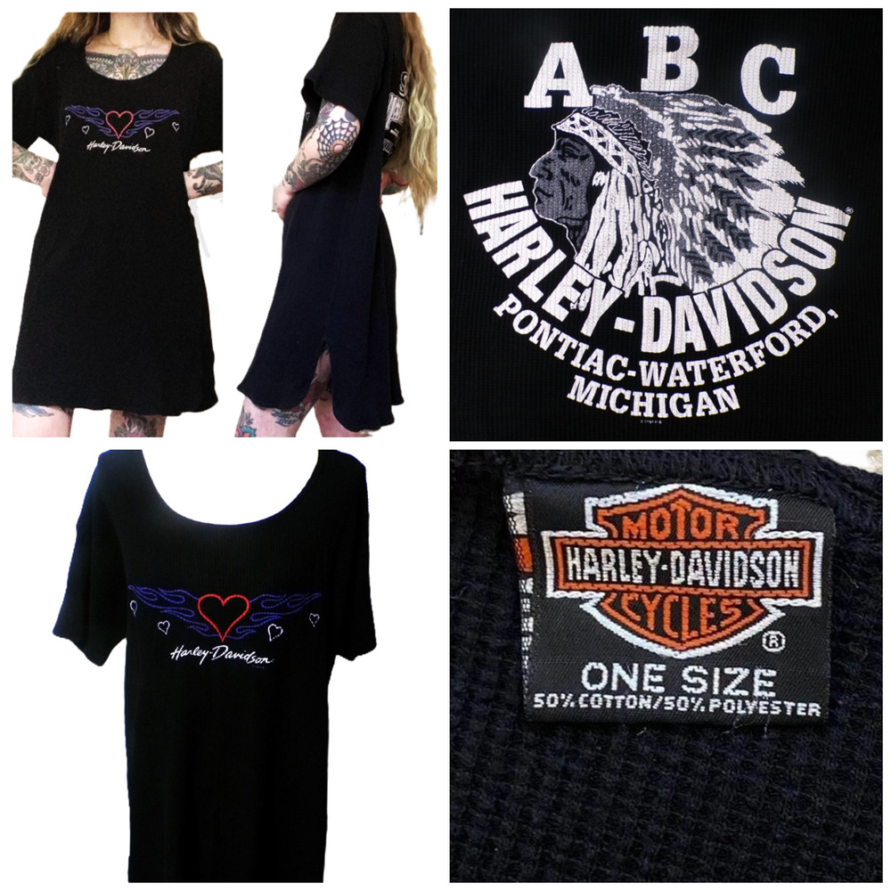 Vtg 90's Harley Davidson Sleep Shirt OS Black Waffle Purple red Flames Heart USA